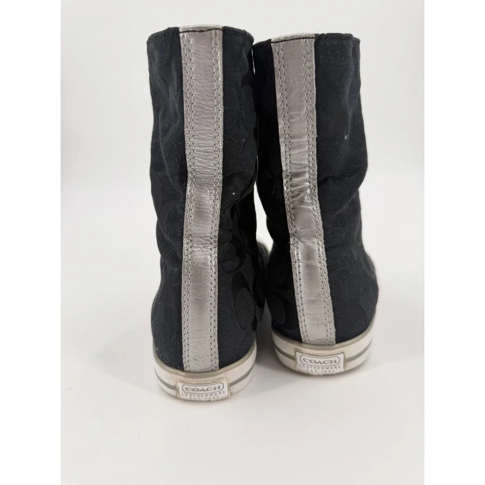 Coach Womens Black Signature Jacquard High Top Sneakers Silver Trim Size 9
